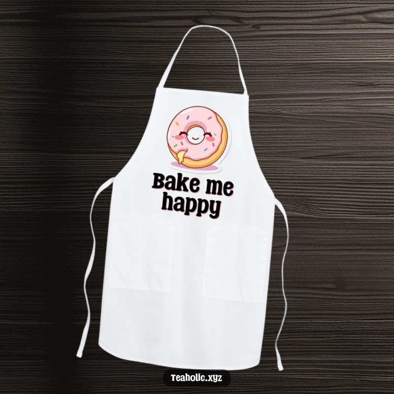 Funny apron with a happy donut with a bite taken out, winking cheekily, perfect for baking.