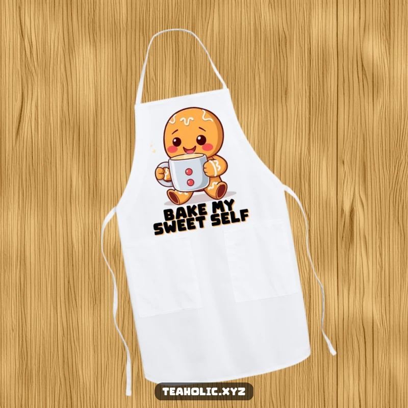 Funny Apron featuring a cheerful gingerbread man with a wide grin, offering a steaming mug, perfect for holiday baking and cooking.