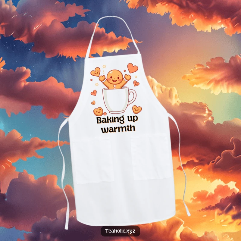 Funny gingerbread man apron showing a smiling character happily jumping into a steaming mug, a protective and humorous kitchen accessory.