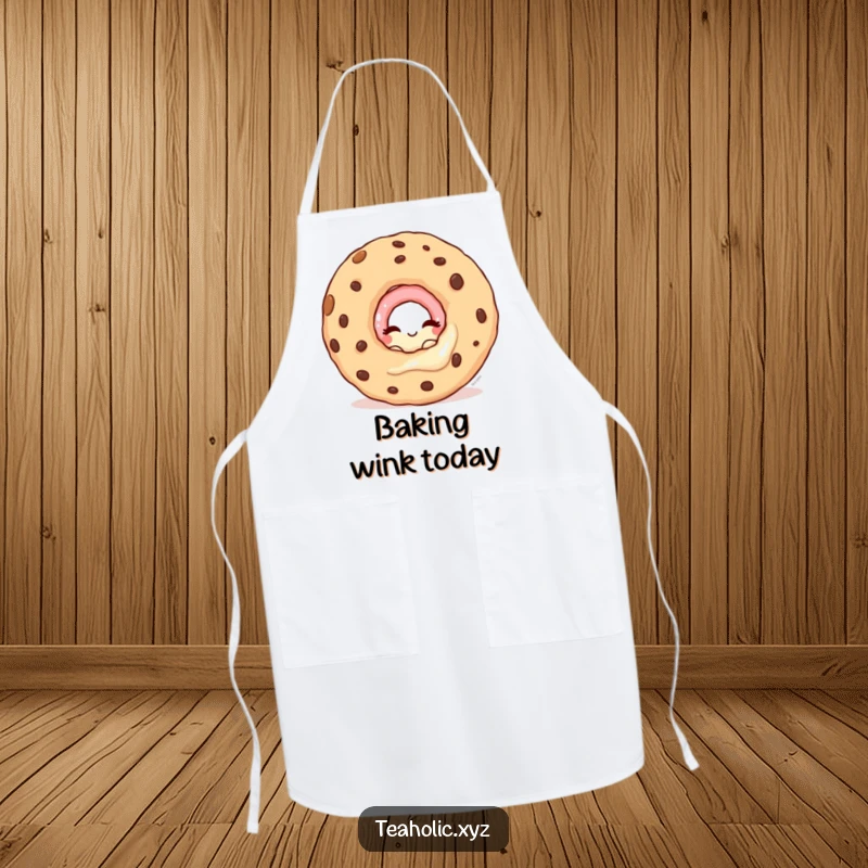 Funny apron featuring a winking donut peeking from behind a cookie, adding kitchen mischief.