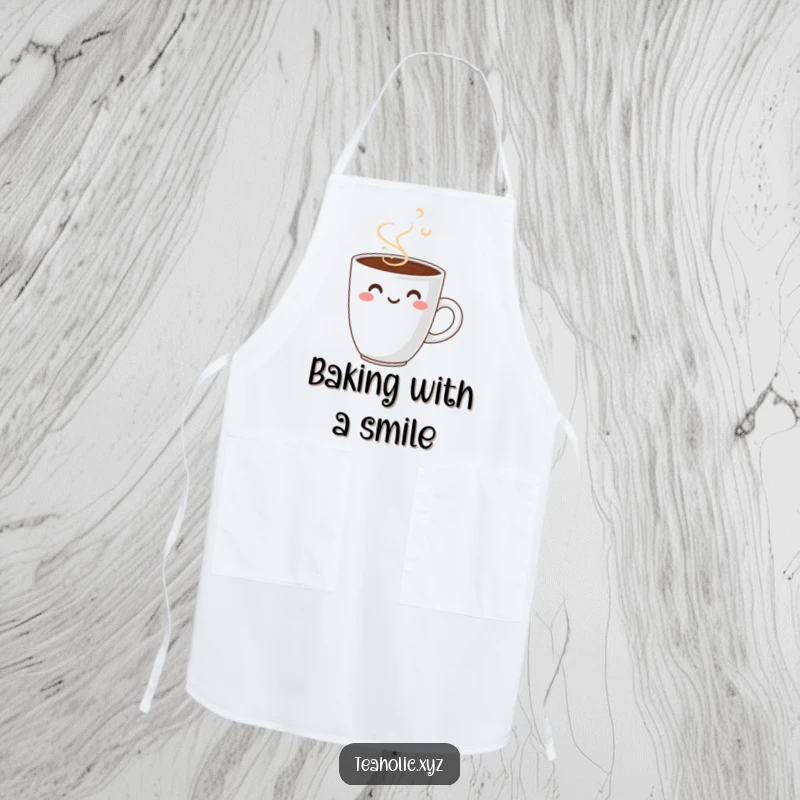 Funny smiling coffee cup apron, perfect for cooking and baking, featuring a cheerful coffee cup design to brighten the kitchen.