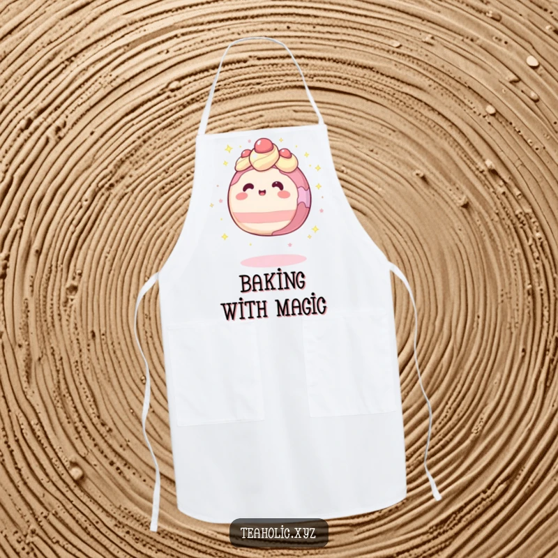 Funny apron depicting a round cake character levitating slightly amidst sparkles, ready for magical cooking.