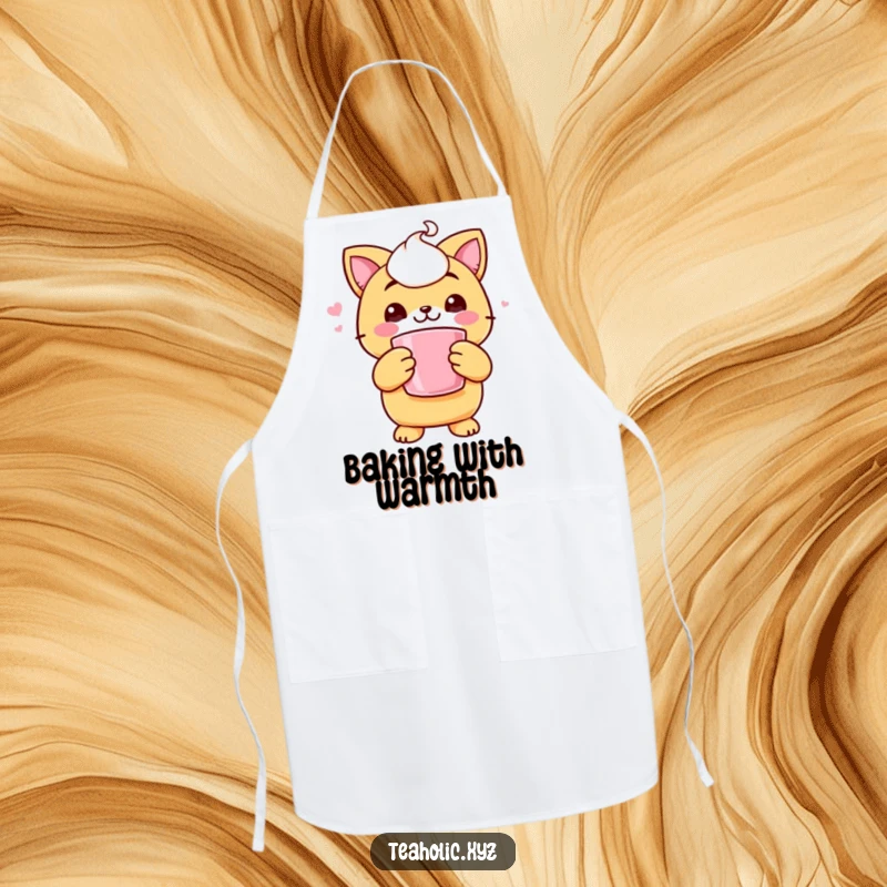 Funny apron showing a cheerful scone character holding a steaming mug with both paws, ready for a cozy cooking session.