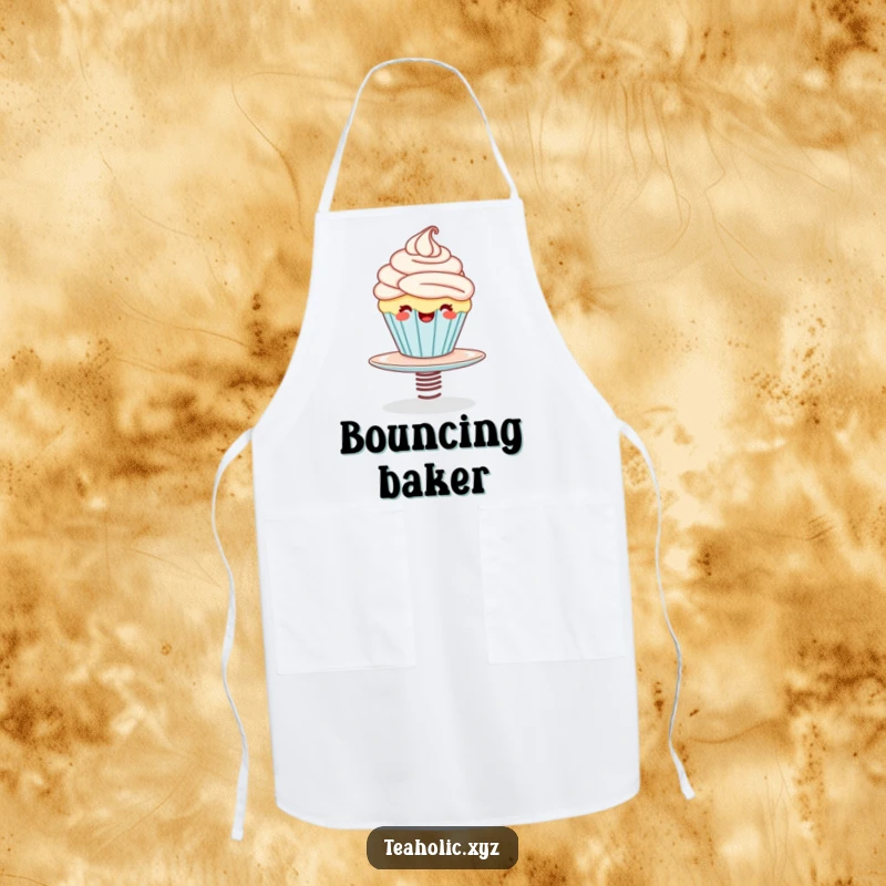 Funny apron showcasing a giggling cupcake character bouncing on a springy saucer, making meal preparation a delightful and engaging activity.