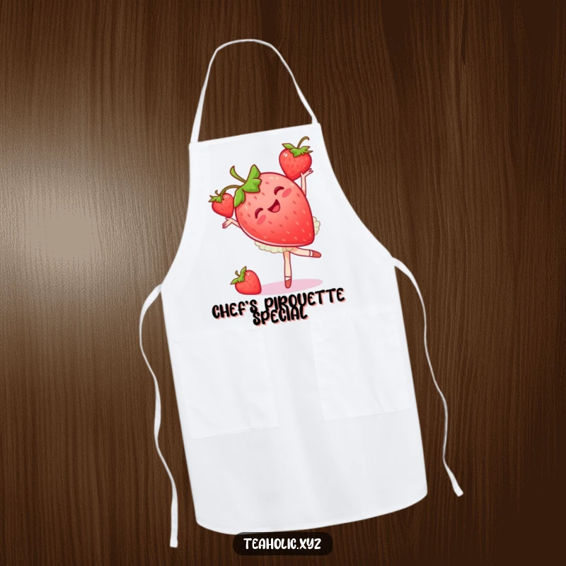Funny strawberry ballet apron showing a happy fruit dancer performing a pirouette, ideal funny gift.