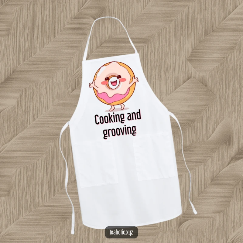 Funny apron showing a smiling donut character in a happy dance pose, covered in colorful sprinkles.
