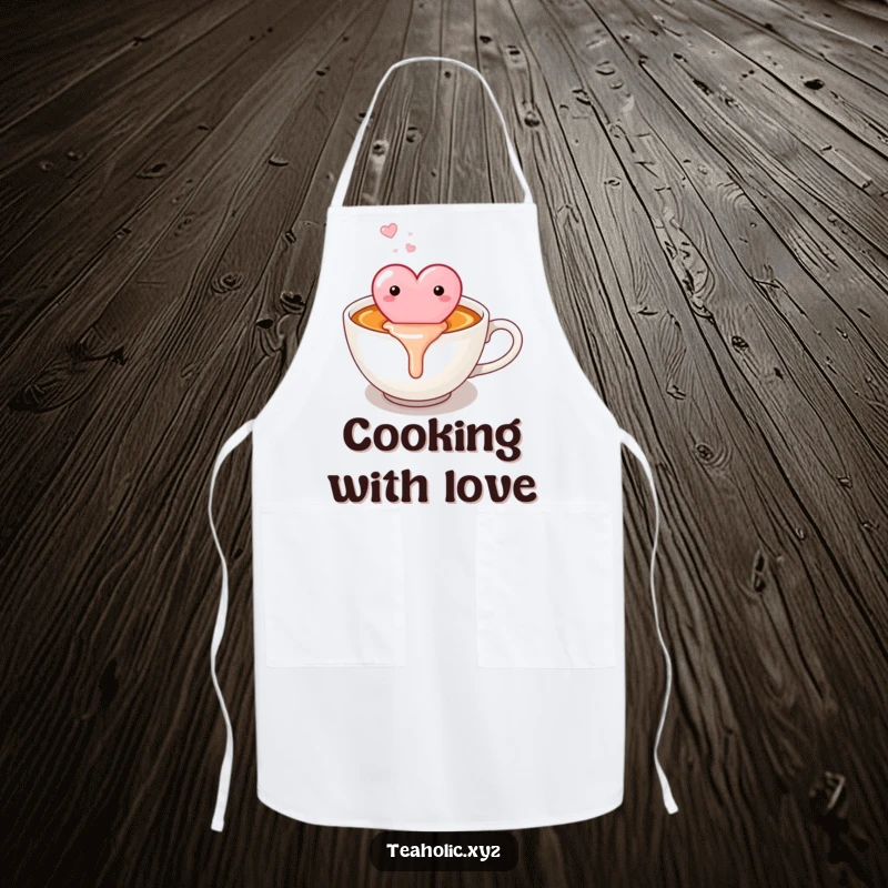 Funny candy heart happily melting into a warm cup of tea, on a humorous and functional kitchen apron.