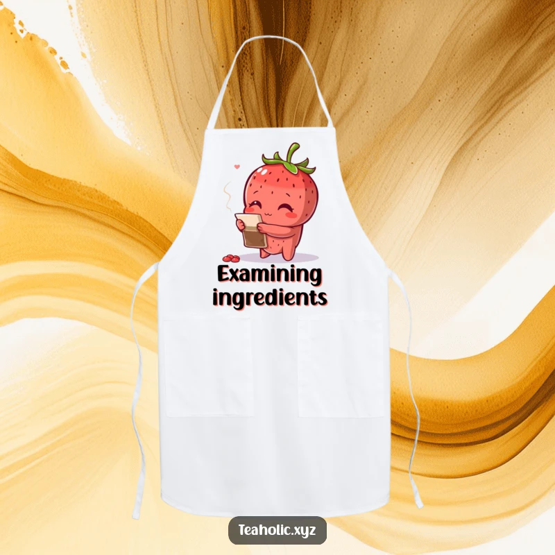 Funny curious strawberry with arms crossed, inspecting a teabag, perfect for a kitchen apron.