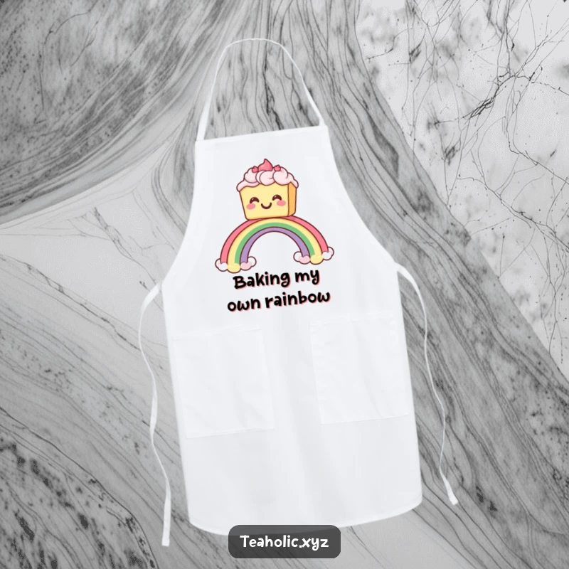 Funny apron showing a grinning cake with frosting sliding down a rainbow, making kitchen tasks a joyful and humorous experience.