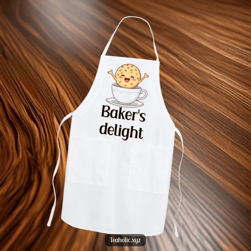 Funny apron with a delighted cookie with sprinkles jumping excitedly in a teacup, perfect for baking.