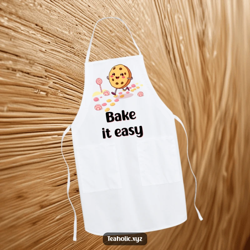 Funny Apron featuring a cheerful cookie character skipping along a candy path, bringing joy and sweetness to culinary tasks.