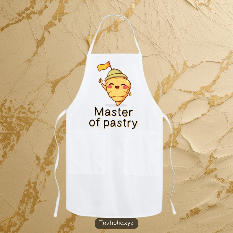 Funny apron featuring a giggling croissant with a jaunty cap, perfect for adding fun to baking.