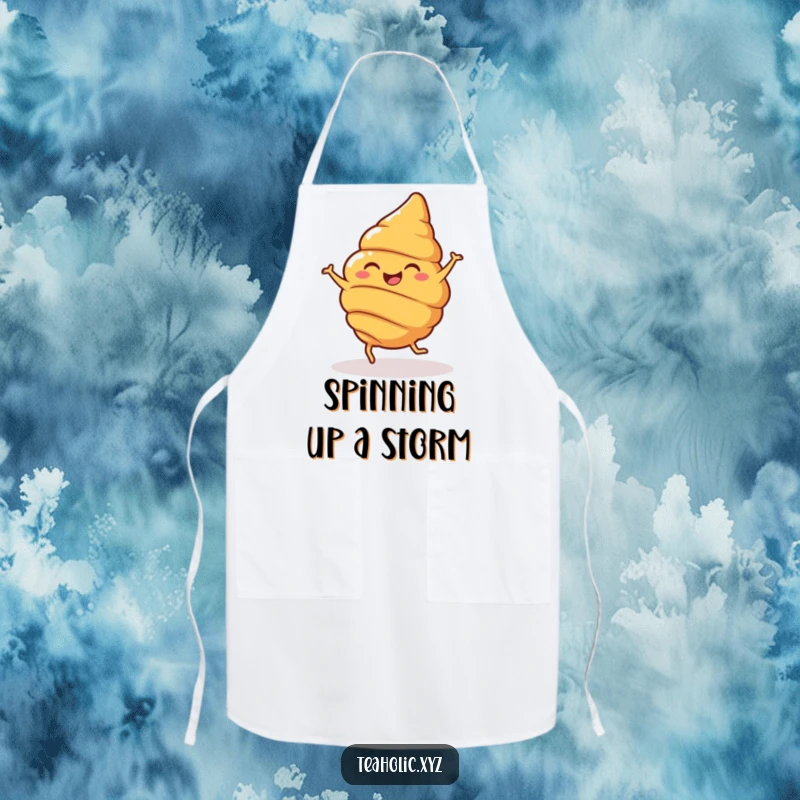 Funny Apron featuring a cheerful croissant with legs, joyfully spinning, making kitchen tasks a delightful and humorous affair.