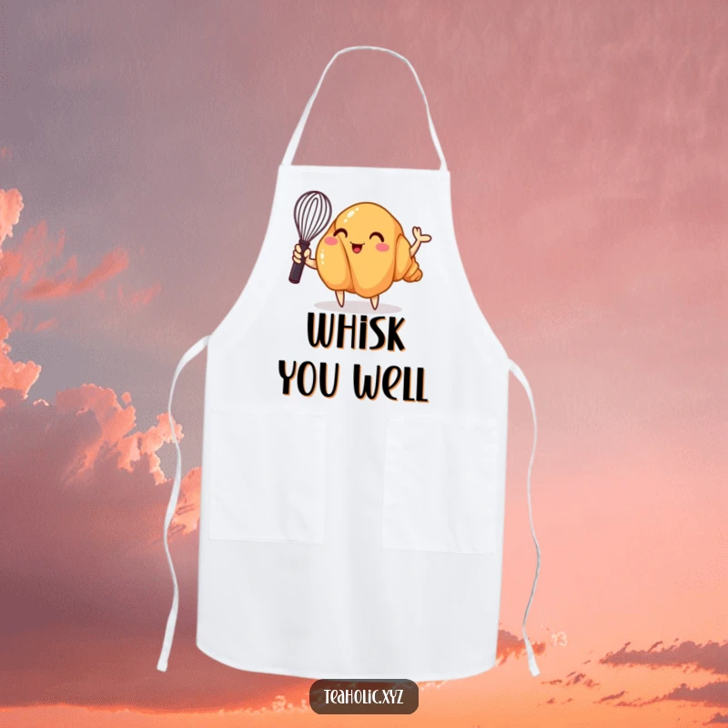 Funny apron showcasing a whimsical croissant enthusiastically waving a mini whisk, making meal preparation a delightful and engaging activity.