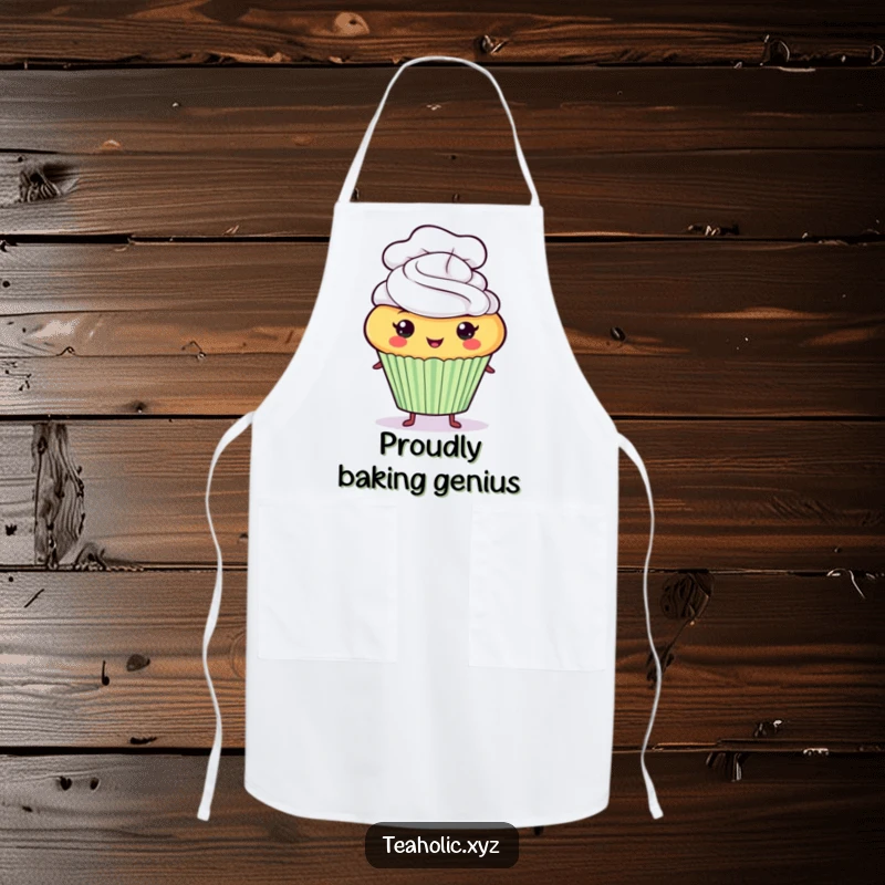 Funny proud cupcake character wearing a tiny chef hat on a functional and fun apron.