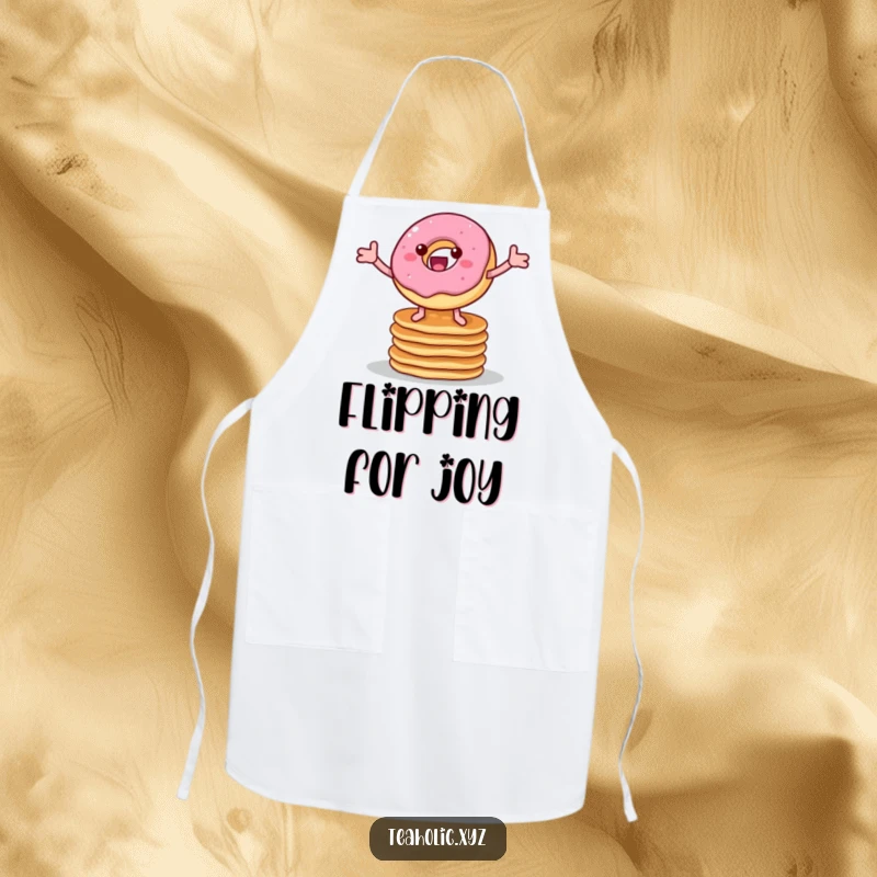 Funny apron featuring a cheerful donut with legs bouncing on pancakes, bringing humor and practicality to the kitchen.