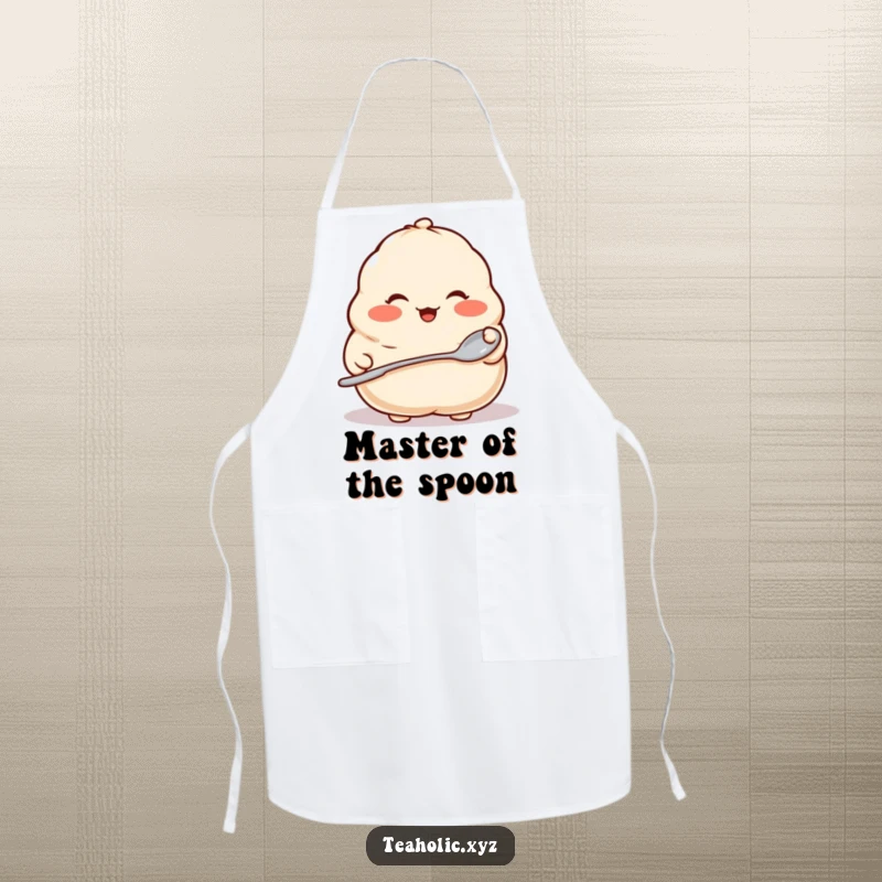 Funny apron showing a proud dumpling with rosy cheeks holding a tiny spoon, ideal for cooking and baking with a touch of humor.