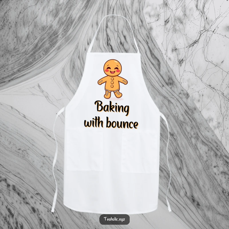 Funny apron with a giggling gingerbread man doing a silly jig, ready to add humor to any cooking or baking session.
