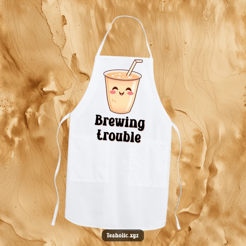 Funny apron featuring a smiling cup of tea with a tiny straw wiggling joyfully, for a humorous and stylish cooking experience.