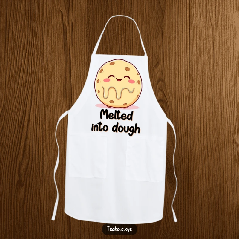 Funny apron depicting a plump cookie character with a blissful, slightly melting expression, ready for sweet baking.