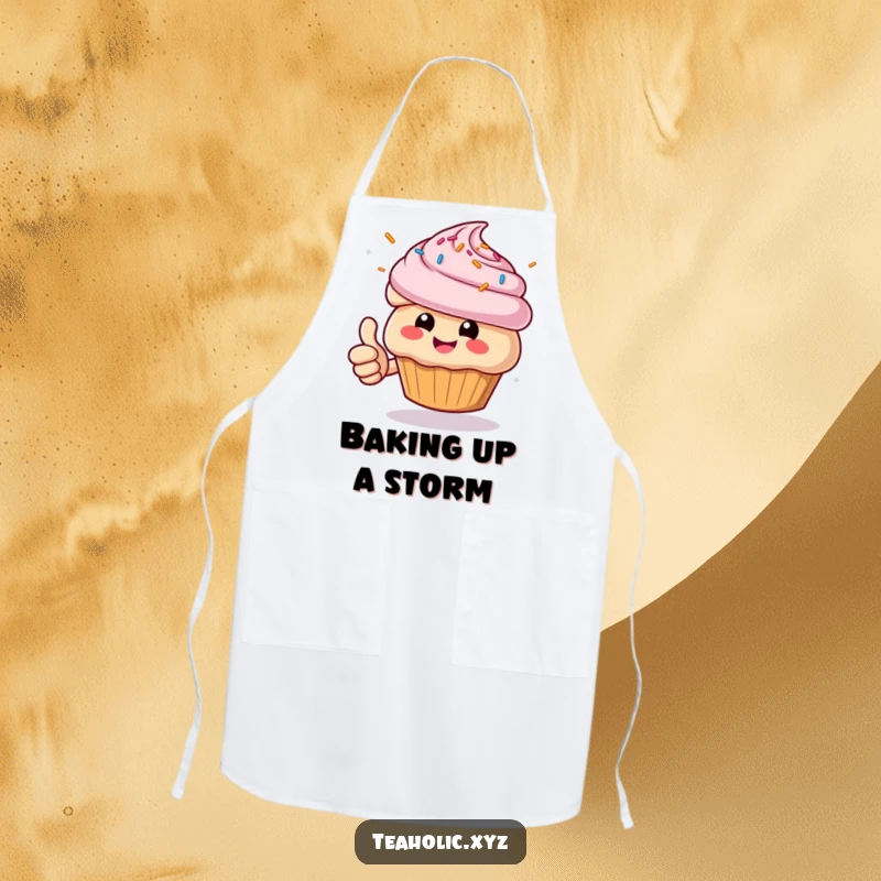 Funny Muffin Apron: Cheerful character giving a thumbs up with sprinkles flying, a humorous and practical kitchen accessory.