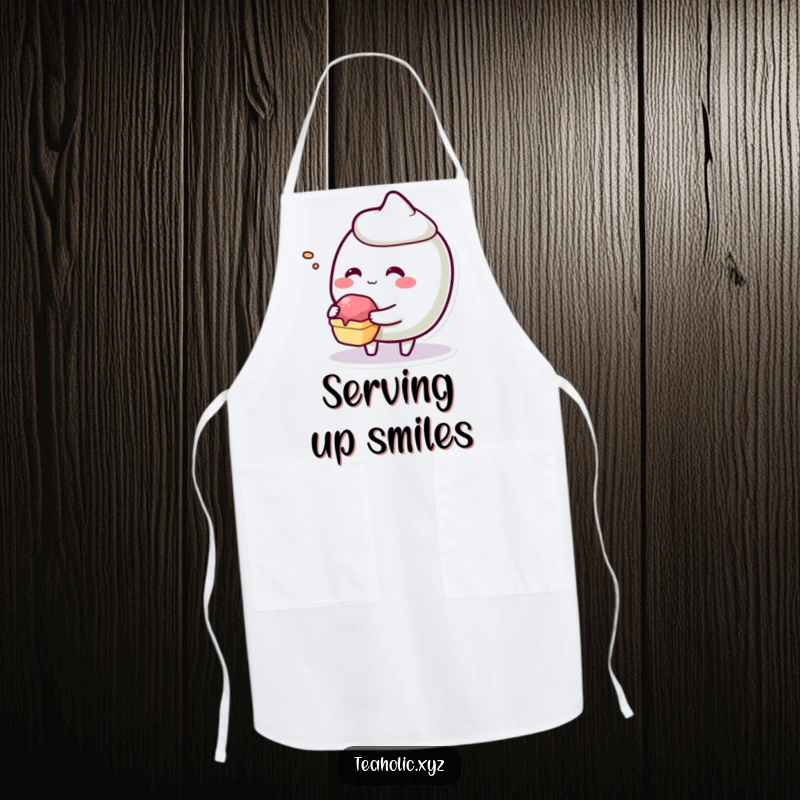 Funny giggling pastry character offering a tiny bite on a practical and charming apron.