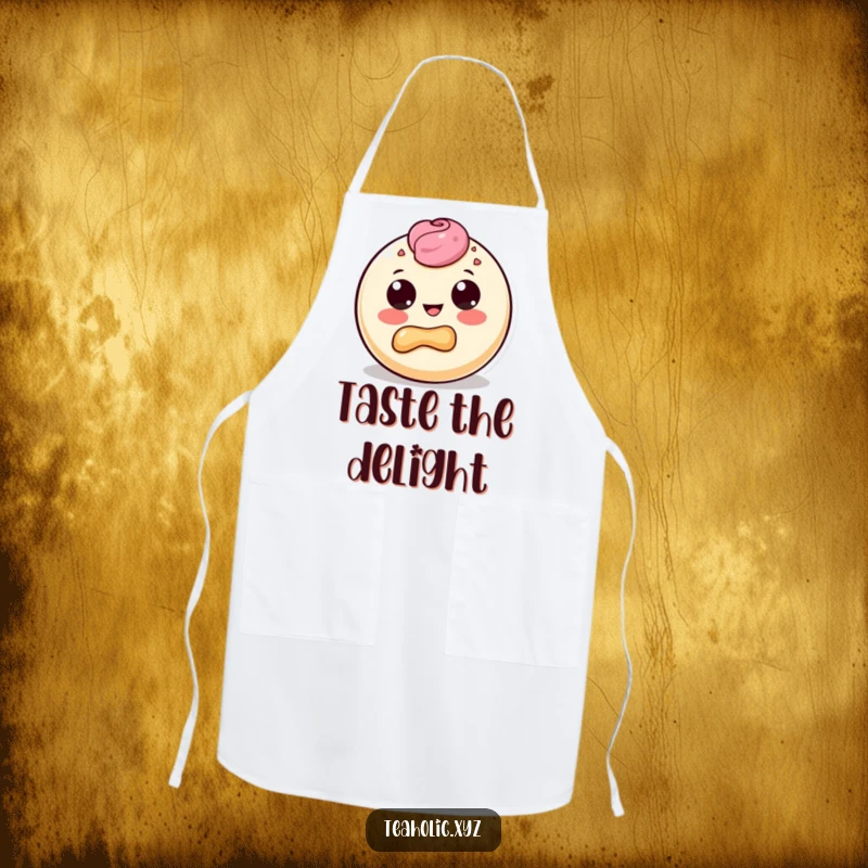 Funny apron showing a round pastry character with big dot eyes, delightedly taking a big bite out of its own pastry form.