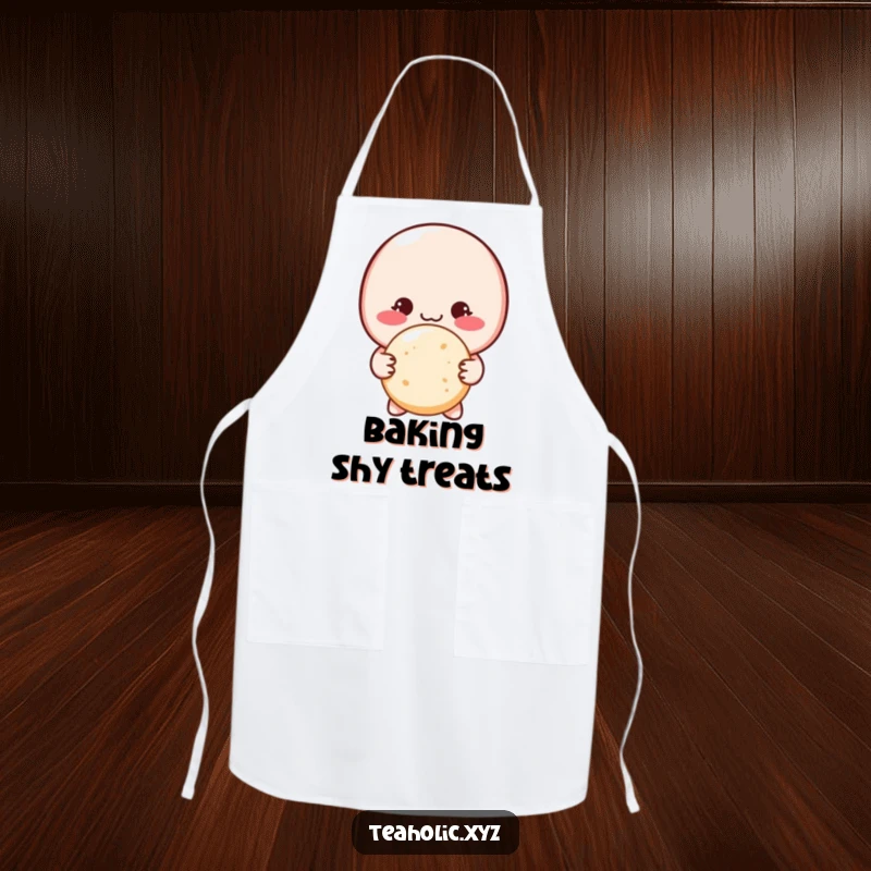 Funny shy macaron character, blushing, offering a sugar cookie with both hands on a charming kitchen apron.