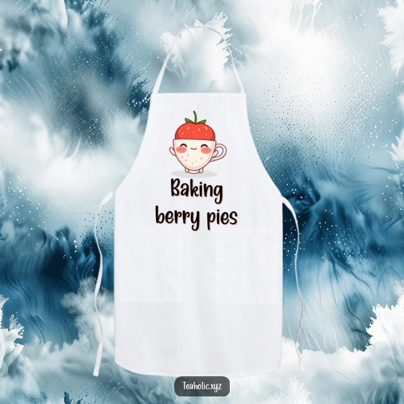 Funny blushing strawberry with a shy smile offering a steaming cup, on a humorous and functional kitchen apron.
