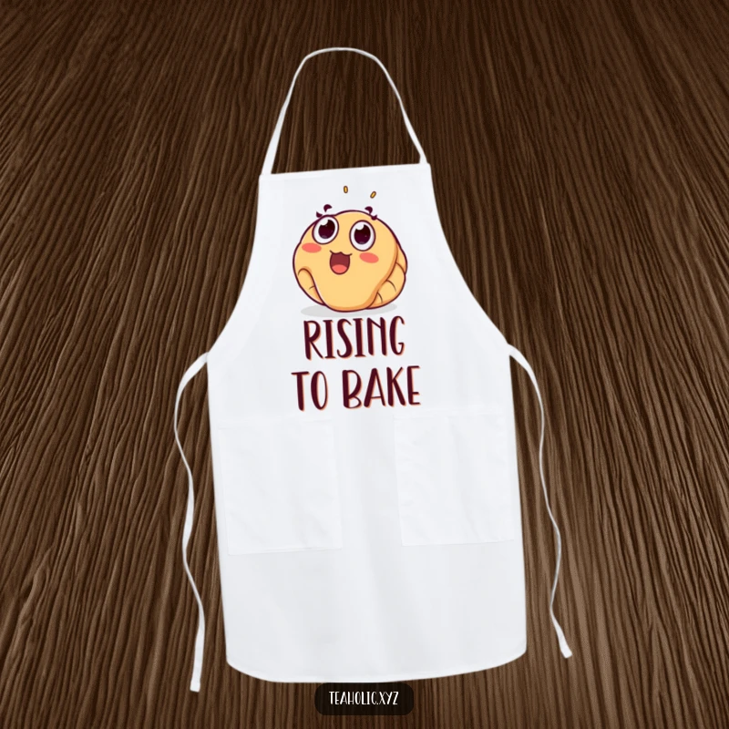Funny croissant apron showing a surprised pastry floating joyfully upwards, protecting you while you cook with humor.