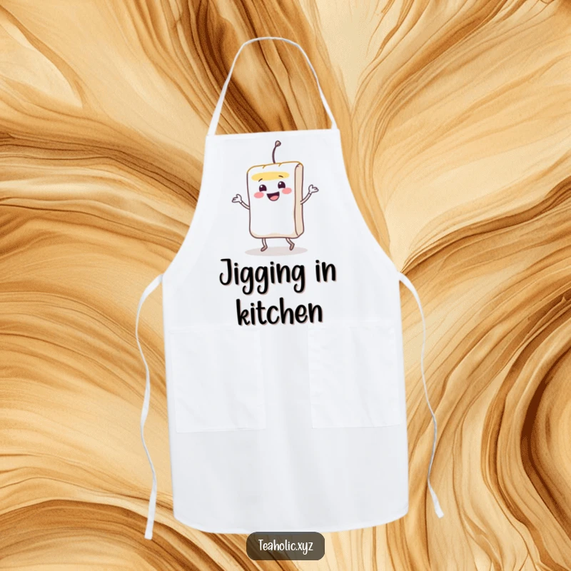Funny smiling teabag character doing a lively jig on a practical and fun apron.