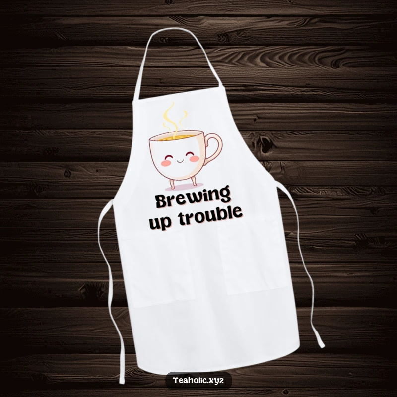 Funny Teacup Apron: A smiling teacup with tiny legs cheerfully pours hot liquid, making kitchen tasks more fun.