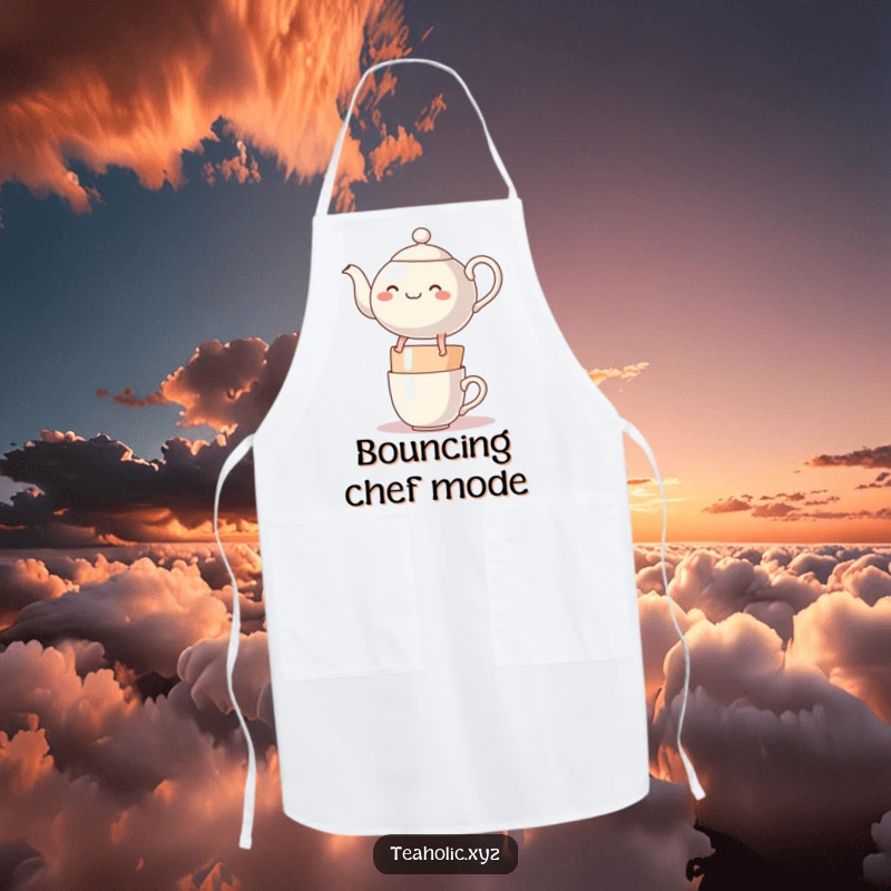 Funny cheerful teapot character with legs, merrily bouncing on a stack of mugs, on a practical kitchen apron.