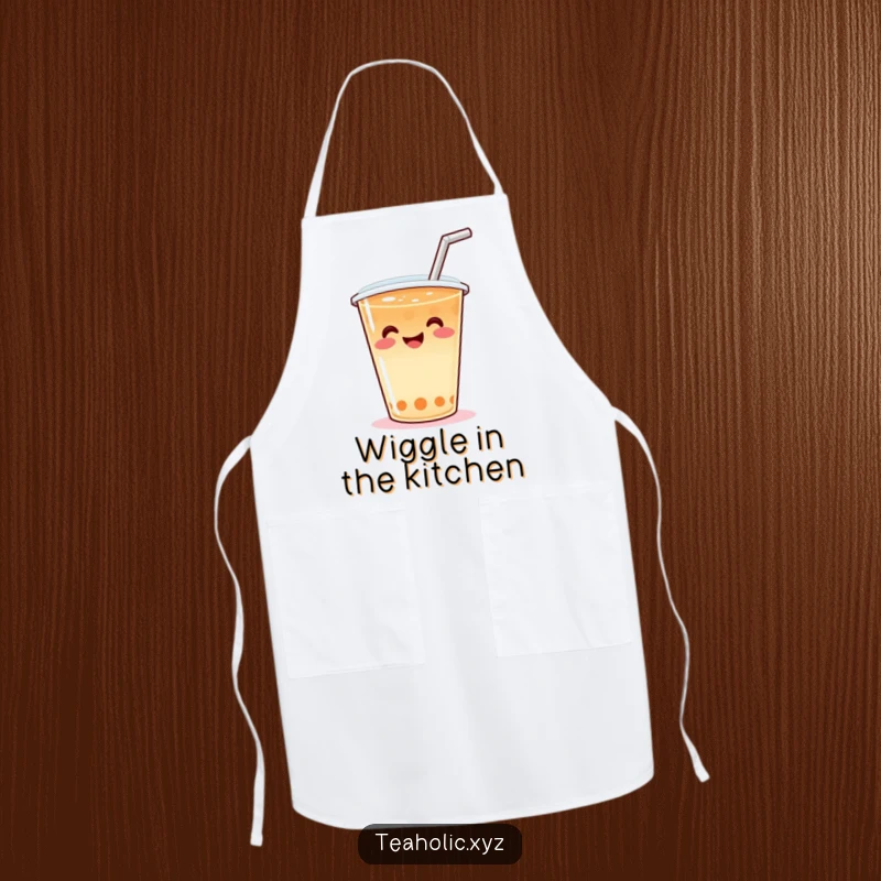 Funny Apron adorned with a smiling tea cup and straw, performing a lively wiggle, ideal for humorous kitchen activities.