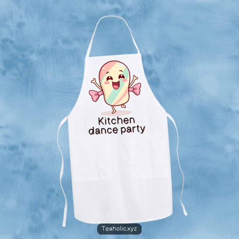 Funny apron showing a cheerful candy with its wrapper dancing energetically, making cooking and baking a fun and spirited activity.
