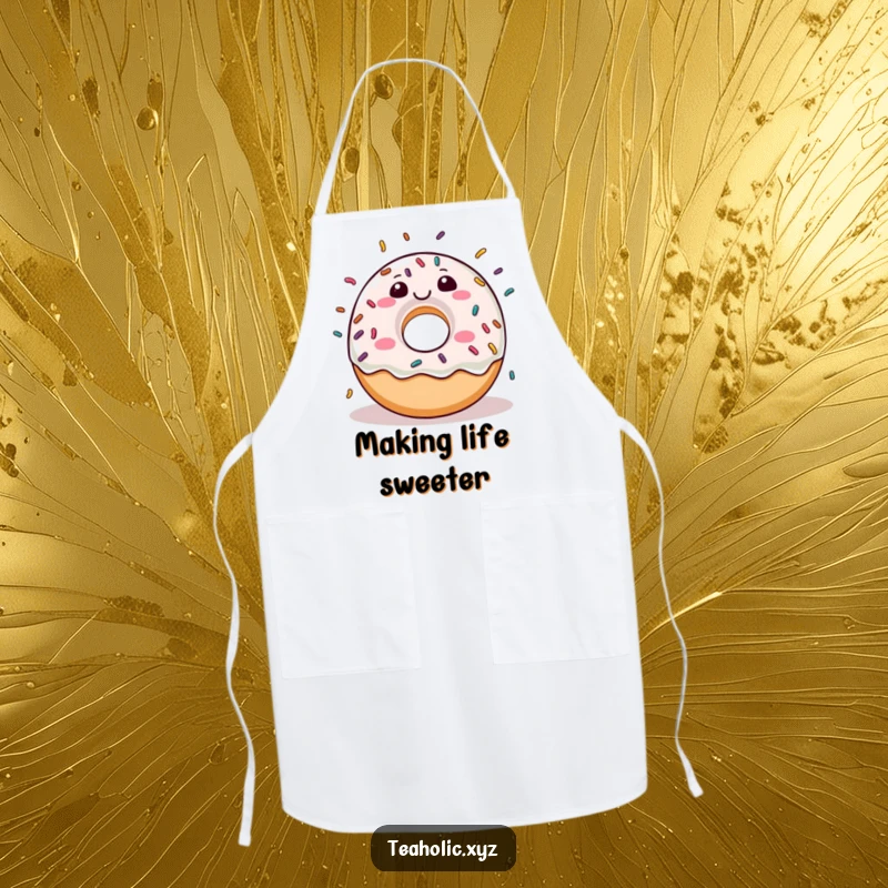 Funny donut character joyfully raining sprinkles over a functional and stylish apron.