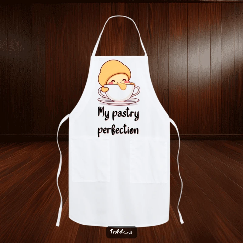 Smiling croissant character, taking a large sip from a teacup, ideal for kitchen fun and chefs.