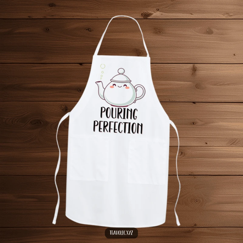 Funny Teapot Character Apron: A cute teapot wearing a hat, cheerfully pouring a puff of steam while cooking.