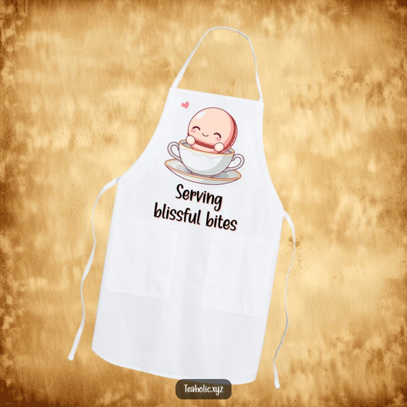 Funny blissful macaroon character floating on a tea saucer on a practical and charming apron.