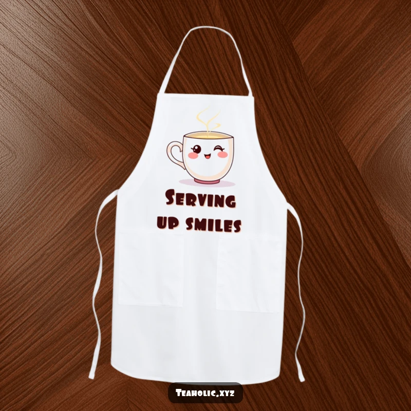 Funny apron with a smiling teacup character happily pouring a stream of steaming liquid.