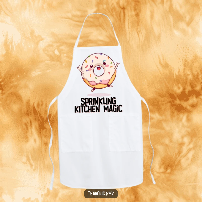 Funny Apron featuring a happy donut with sprinkles, joyfully jumping, making kitchen tasks a delightful and humorous affair.