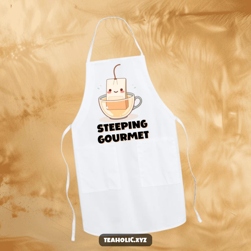 Funny Teabag Character Apron: A happy teabag with a string dangling, happily dipping into hot water while someone brews tea.