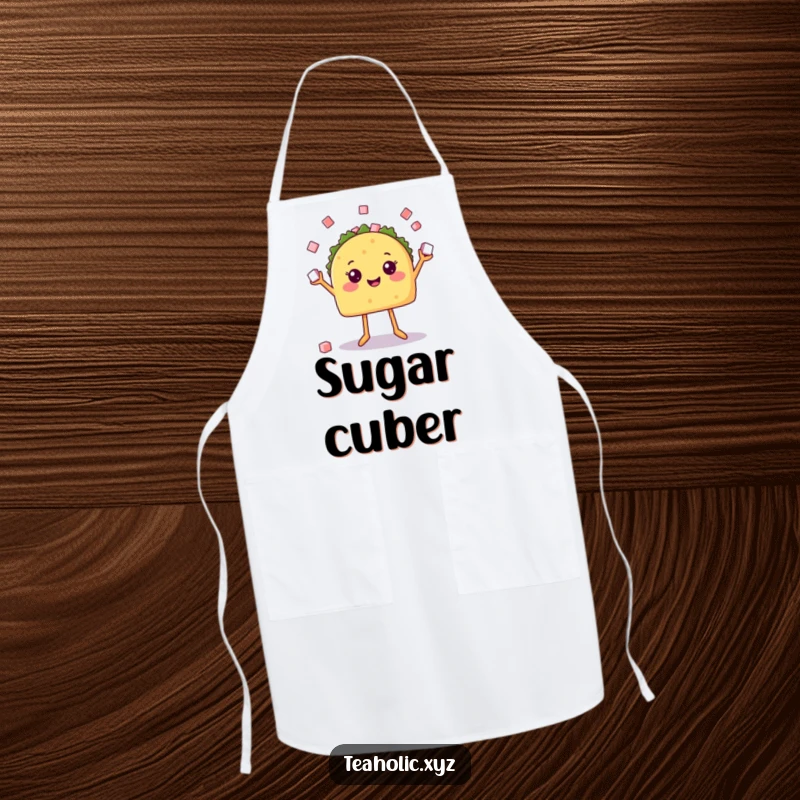 Funny apron showcasing a happy taco with legs juggling sugar cubes, making meal preparation a festive and engaging activity.