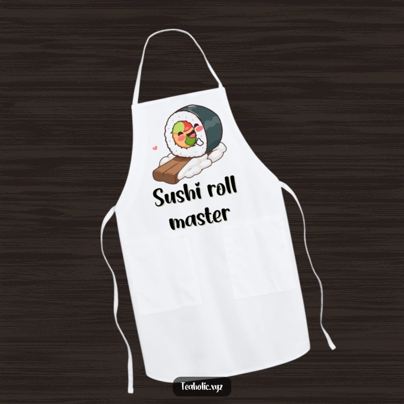 Funny Apron with a gleeful piece of sushi rolling downhill, bringing humor and personality to your kitchen endeavors.