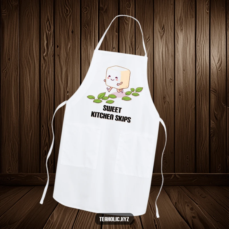 Funny smiling sugar cube character skipping along a path of tea leaves on a kitchen apron.