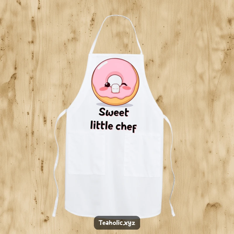 Funny Apron featuring a blushing donut winking while balancing a sugar cube, adding cheekiness and charm to cooking tasks.