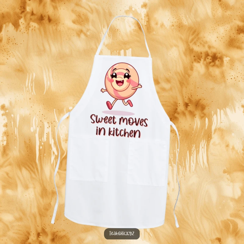 Funny apron depicting a smiling candy character happily skipping with a swirl of delight, ready for kitchen fun.