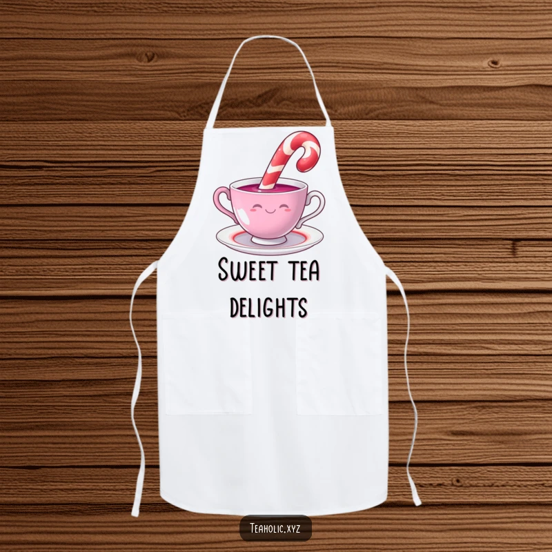 Funny candy cane character smiling while dipping into a swirling teacup, on a humorous and functional kitchen apron.