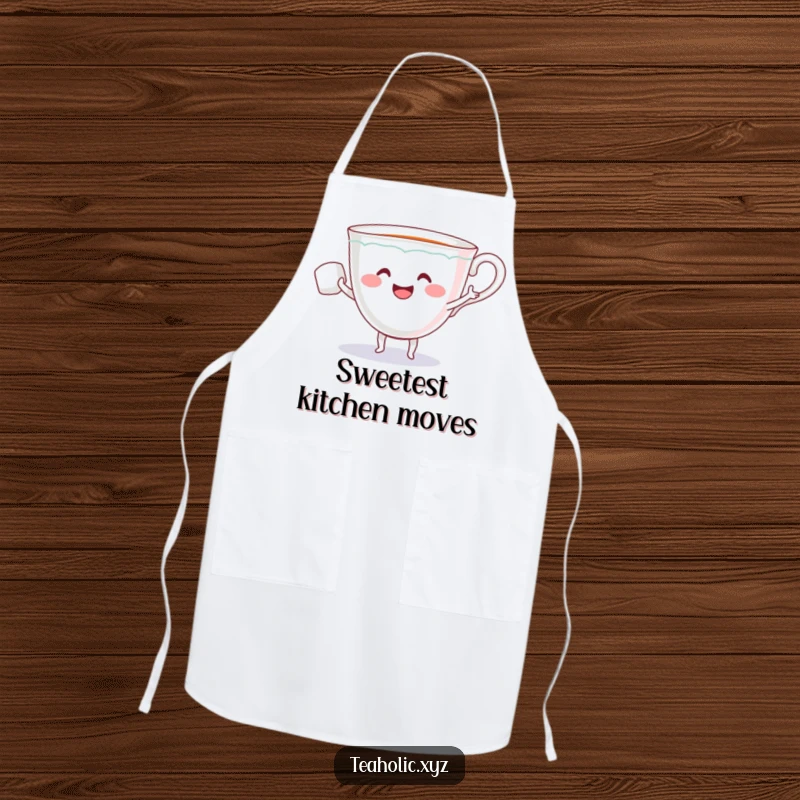 Funny apron showing a smiling teacup with arms dancing with a sugar cube, ideal for kitchen fun and protecting clothes.