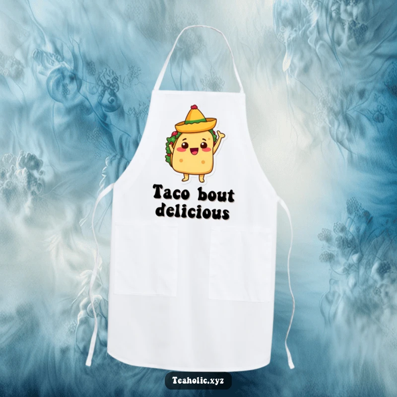 Funny apron featuring a taco character joyfully waving a tiny sombrero, ideal for festive kitchen fun.